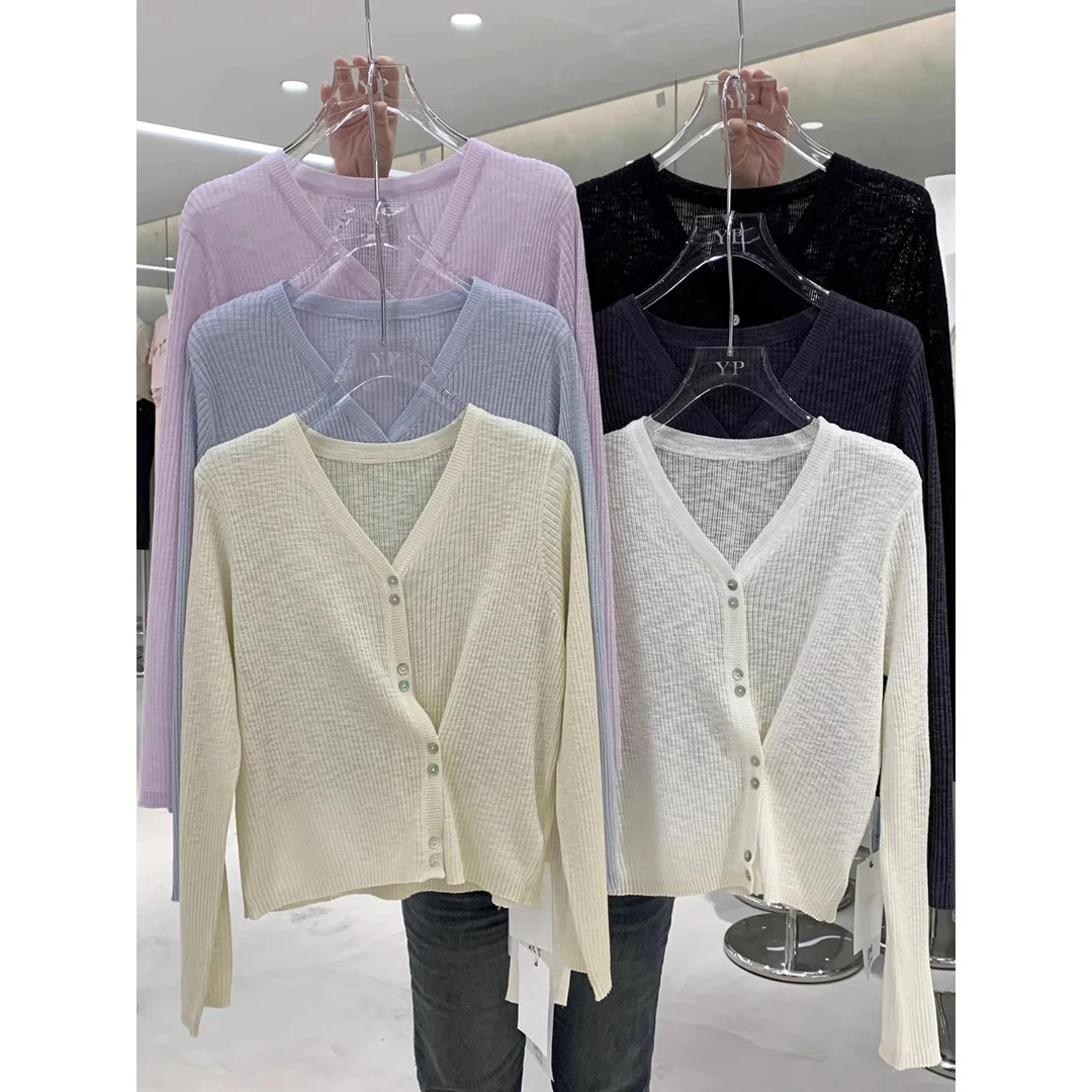 V领冰丝针织短袖T恤女夏季2025新款薄款爆款后背镂空短款洋气上衣