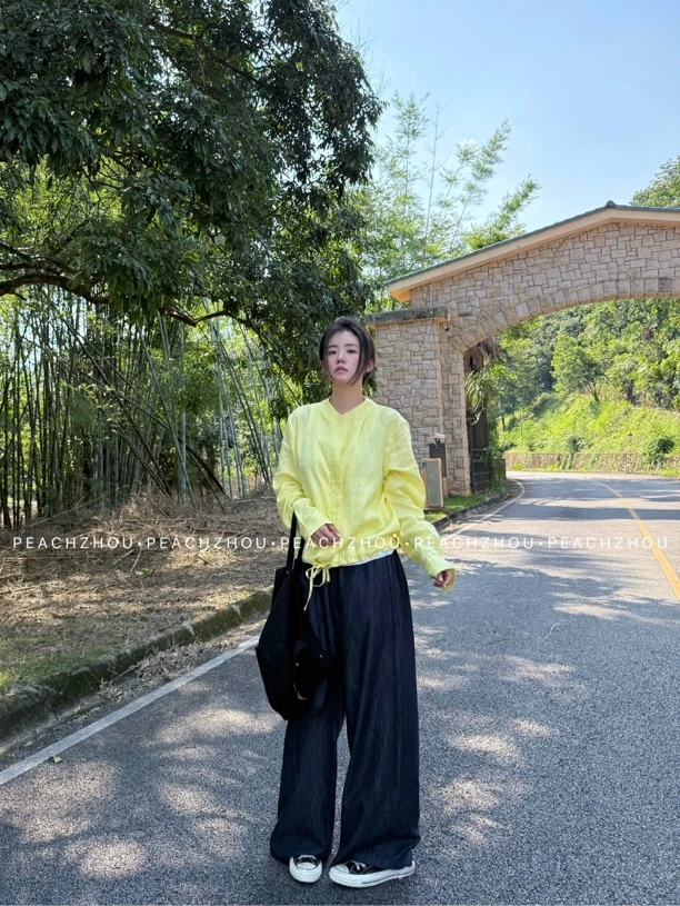 『PEACHZHOU』100亚麻明黄色宽松简约休闲圆领暗门襟长袖衬衫式外套