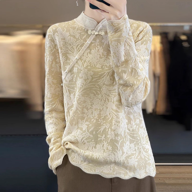 100纯羊毛衫女士秋冬针织薄款旗袍领修身显瘦百搭打底衫羊绒毛衣