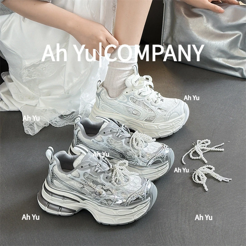 网红珍珠蝴蝶结老爹鞋女2025年春季新款轻便增高双系带运动休闲鞋