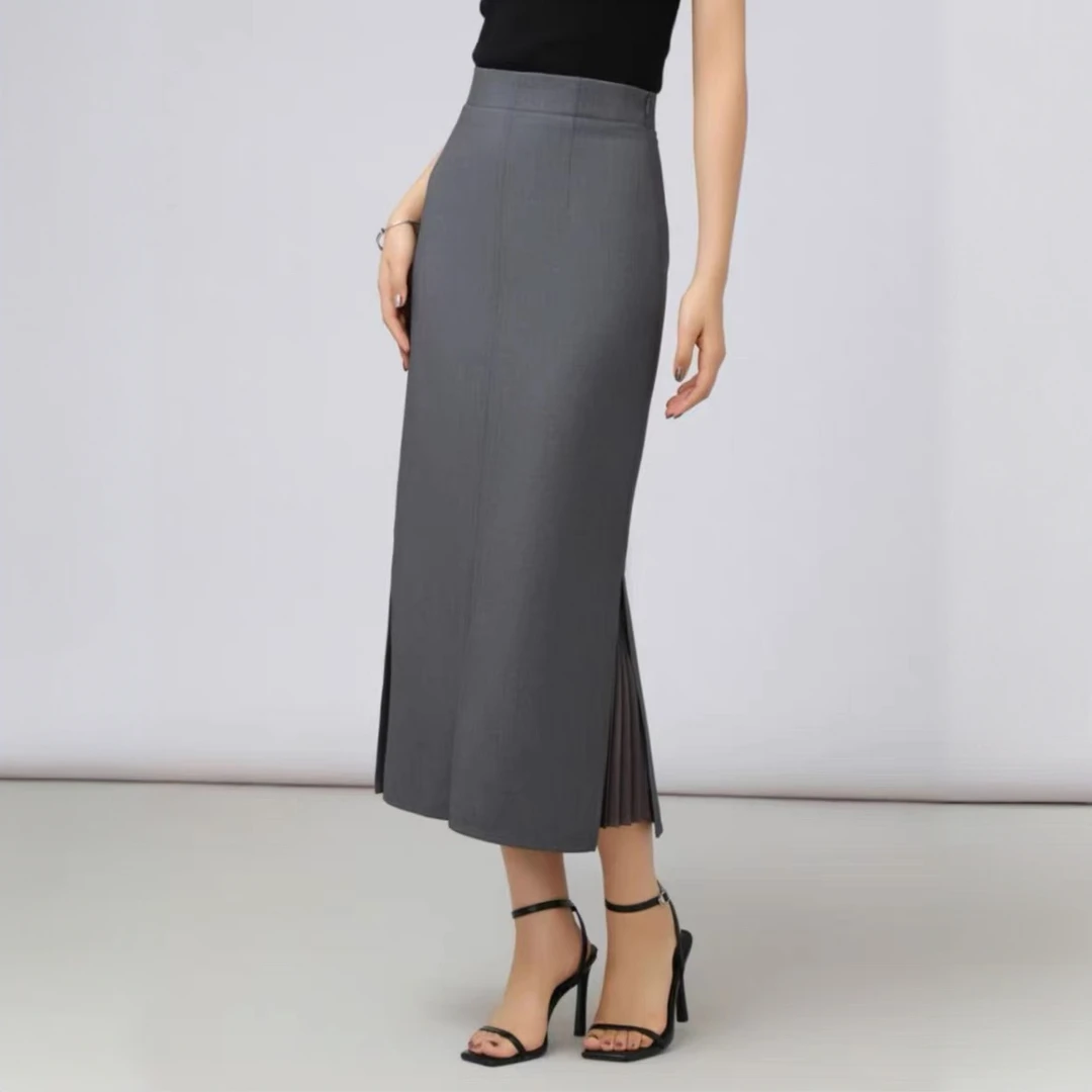 GIRDEAR/哥弟 新年战袍格雷系百搭开叉显瘦垂感直筒半身裙1200232