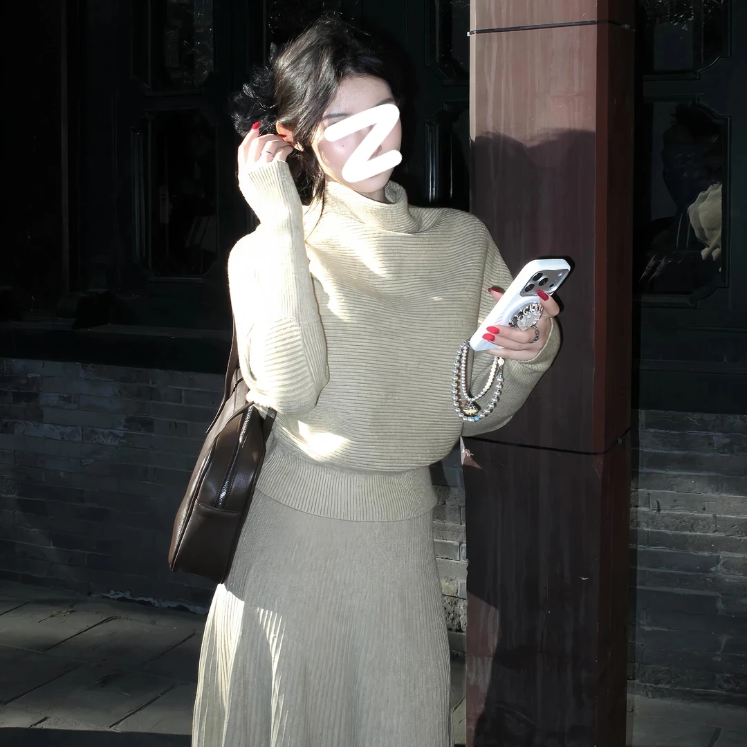 【燕麦浅褐】法式高级感针织连衣裙子女秋冬新款清冷宽松长裙一整套