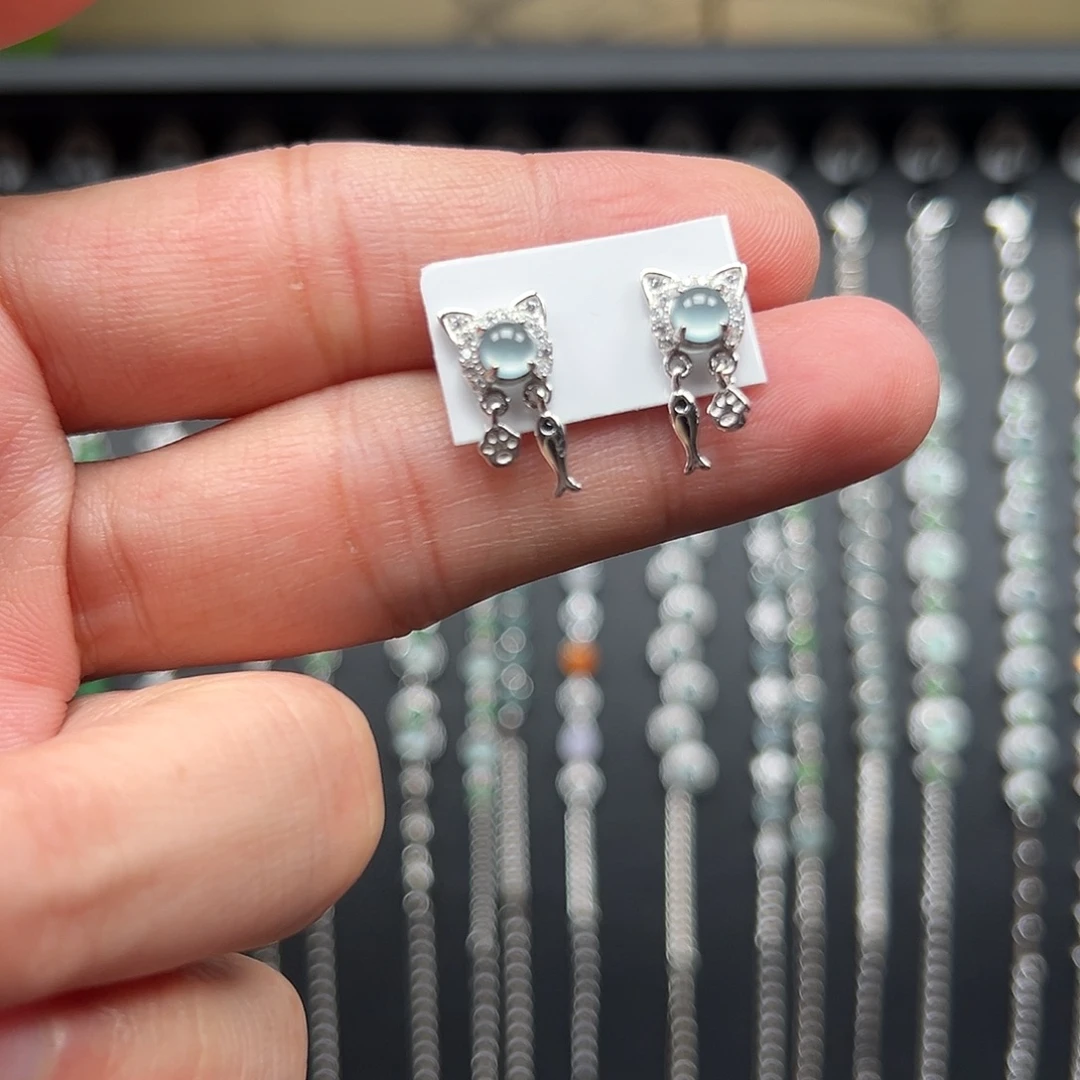 一***话翡翠银S925镶嵌耳饰8888