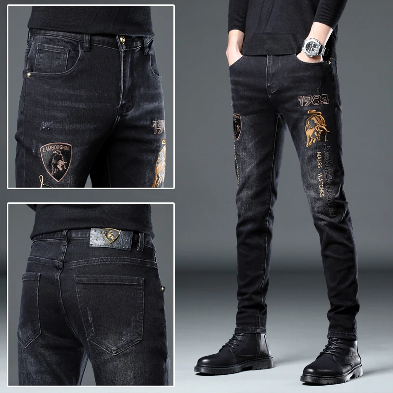 香港高端刺绣牛仔裤男秋冬季弹力修身小脚裤潮流时尚百搭休闲裤子