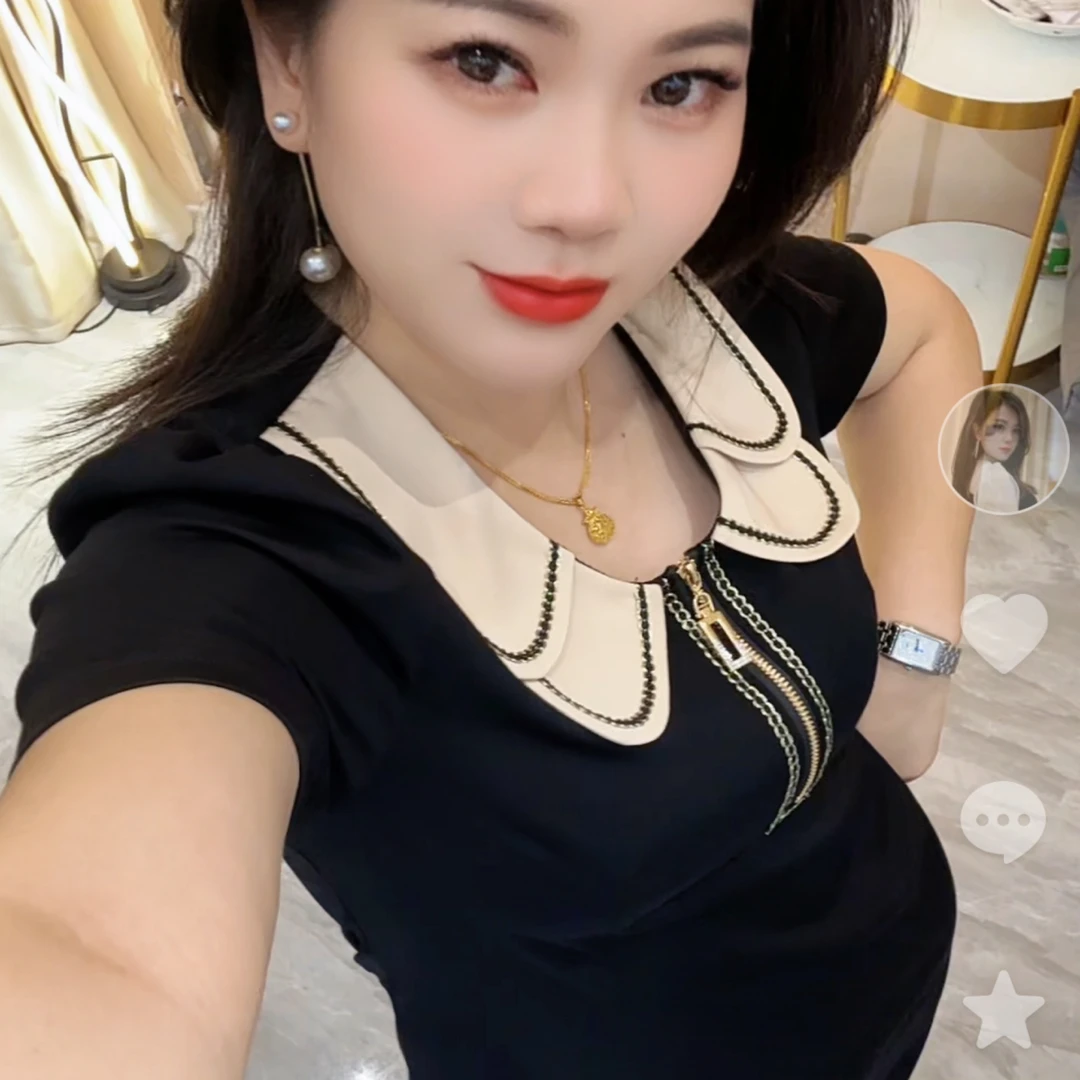 【俊端推荐】2025新款夏季短袖双层领修身洋气拼接弹力女装连衣裙