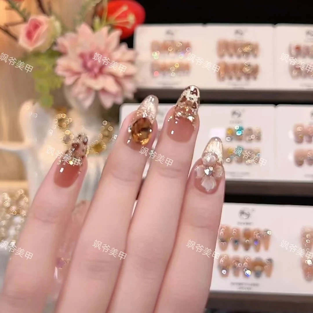 【落日豹纹】纯手工穿戴甲春日爆闪手作微笑猫眼光疗美甲贴可娜宝