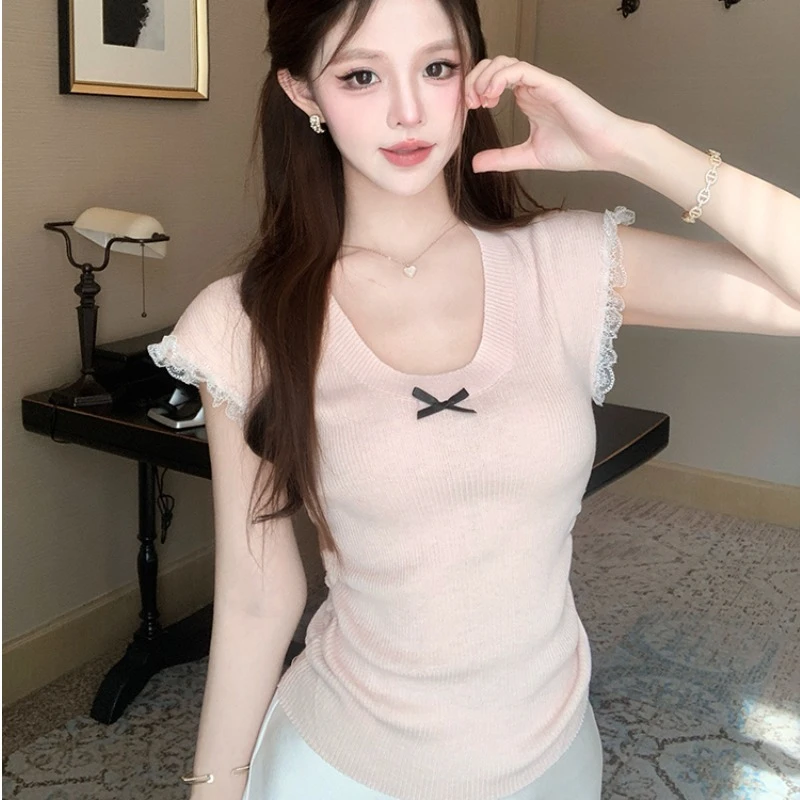 甜美蝴蝶结针织短袖T恤女夏季设计感修身打底衫法式内搭显瘦上衣