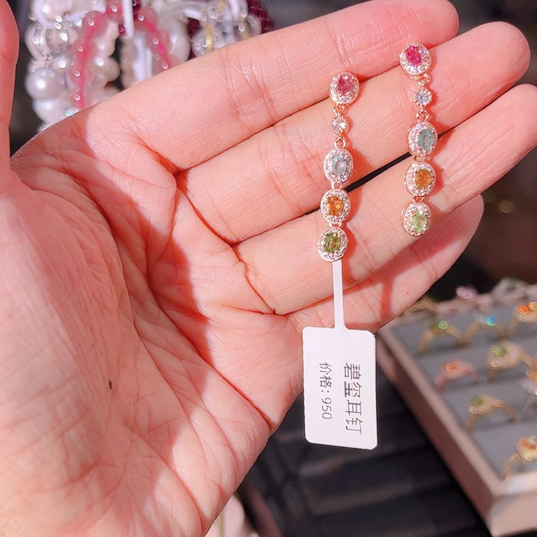 碧玺耳钉银S925镶嵌耳钉