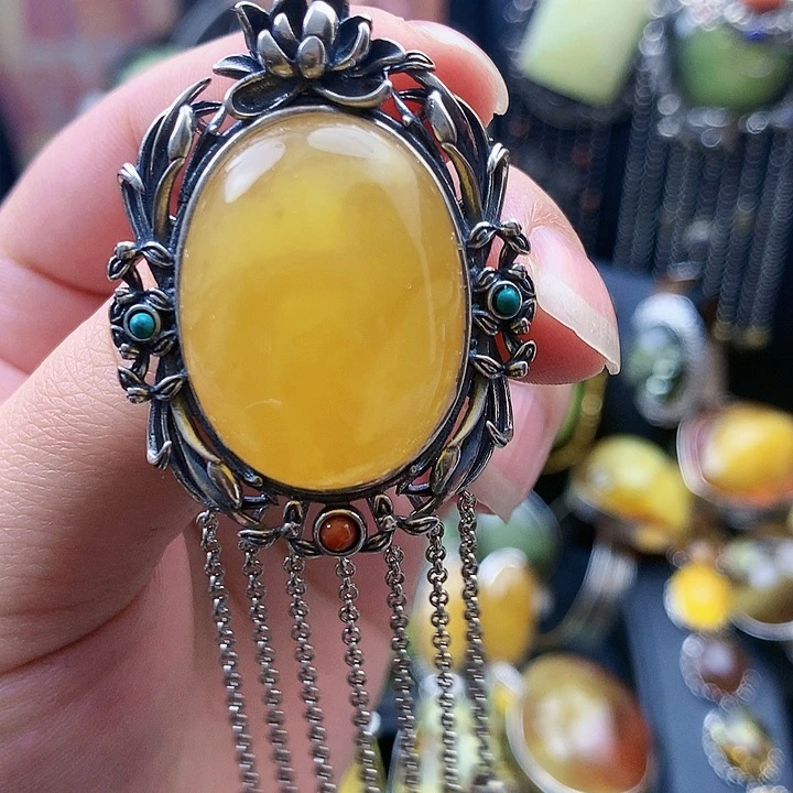 琥珀裸石银S925镶嵌坠