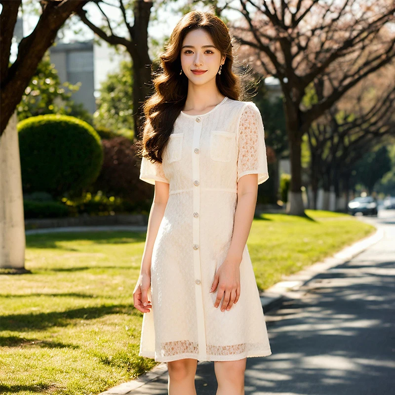 奢姿大码女装2025胖妹妹小香风名媛收腰时尚蕾丝短袖夏季连衣裙