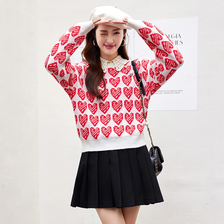茜舞针织衫2025冬套头绵羊毛爱心提花百搭毛衣【53F376】