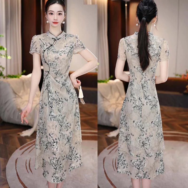 【刘伊朵】2025年夏季新款收腰显瘦旗袍连衣裙轻奢高端连衣裙D2187