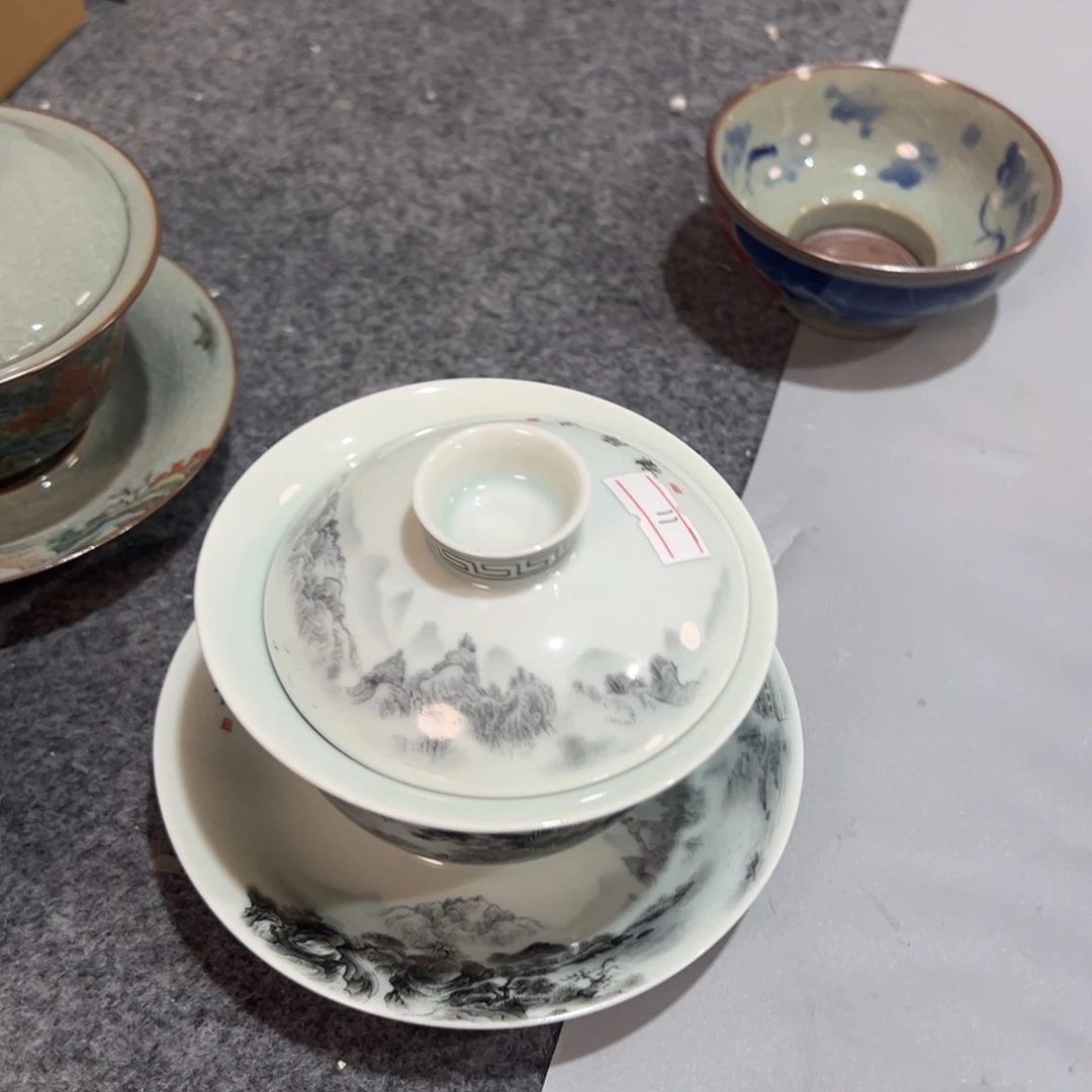 墨彩岳阳楼元宝盖碗微瑕