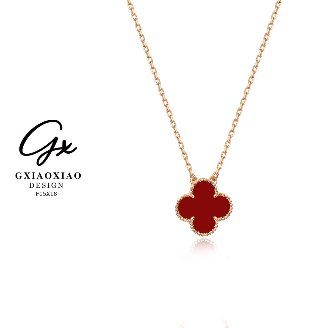 925银 镀K金 法式气质轻奢款通勤中号红色四叶草项链 F15X18