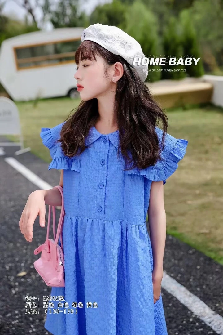 女孩2025年夏季女童蓝色休闲夏季黄色连衣裙套装