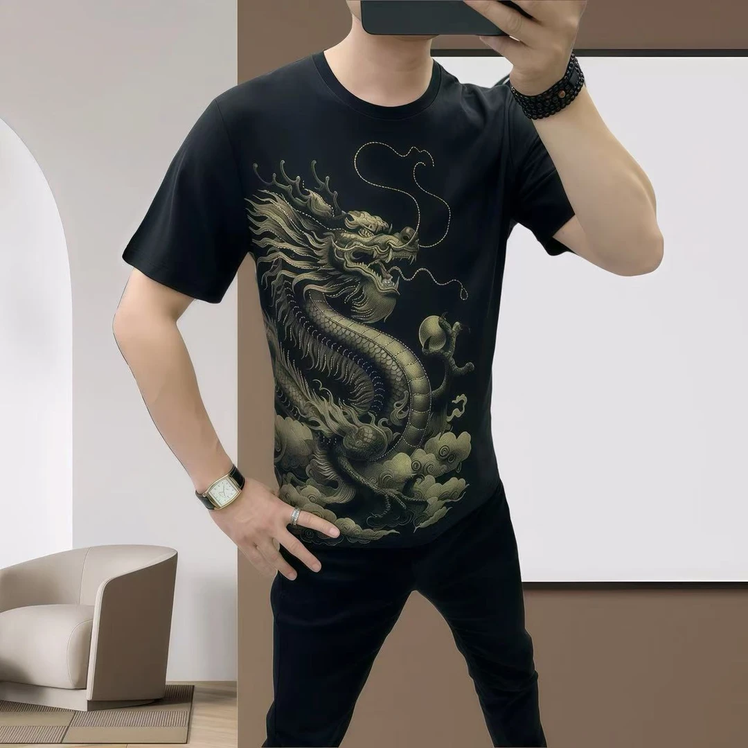 男士潮流短袖圆领轻奢时尚修身夏季t恤丝光精棉烫钻龙短袖T恤888