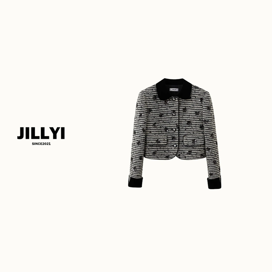 JILLYI南山店【秋天童话】黑灰色元宝领亮片工艺轻奢重工秋季百搭