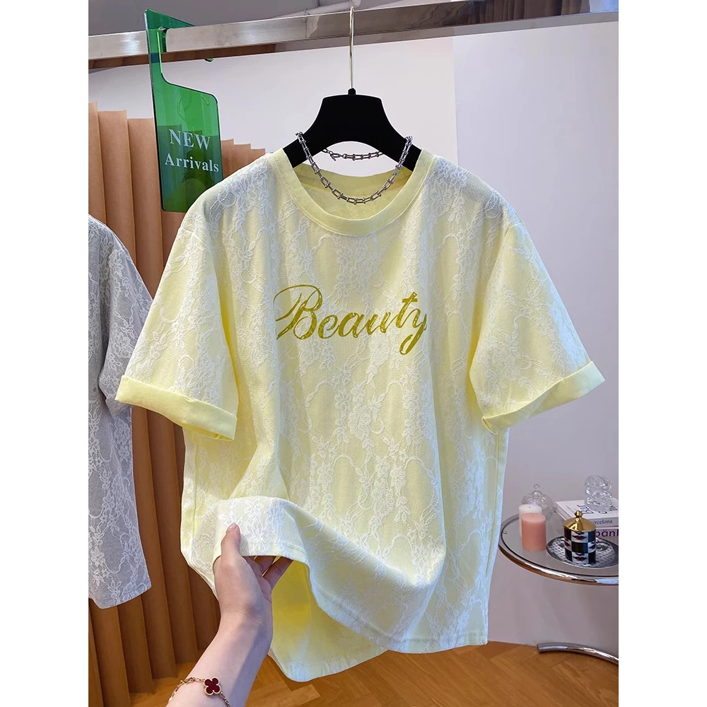 胖妹妹大码240斤超好看字母蕾丝t恤女短袖2025夏新款宽松圆领上衣