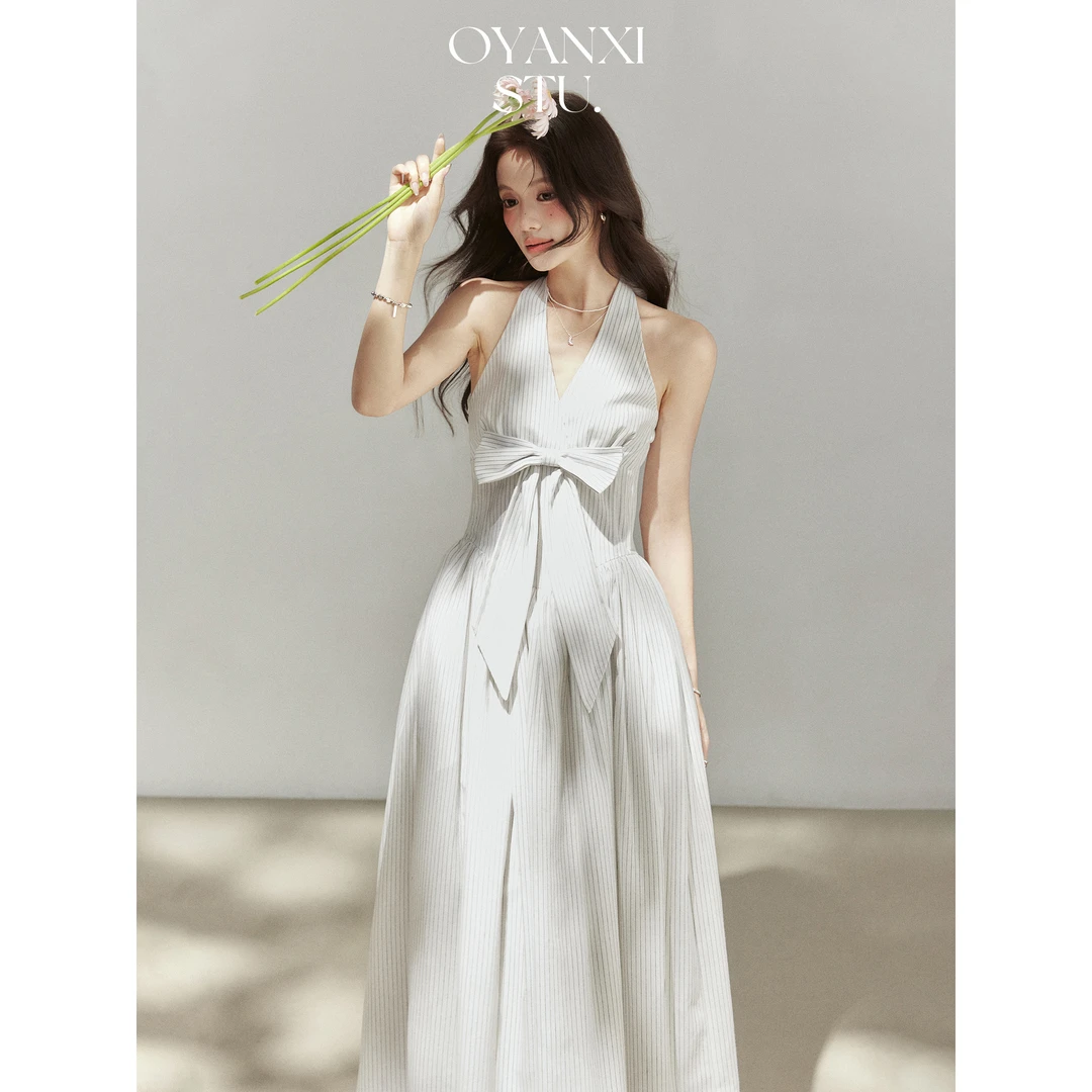 欧阳喜【织夏独白】蝴蝶结设计挂脖连衣裙春夏款宽松气质长裙+