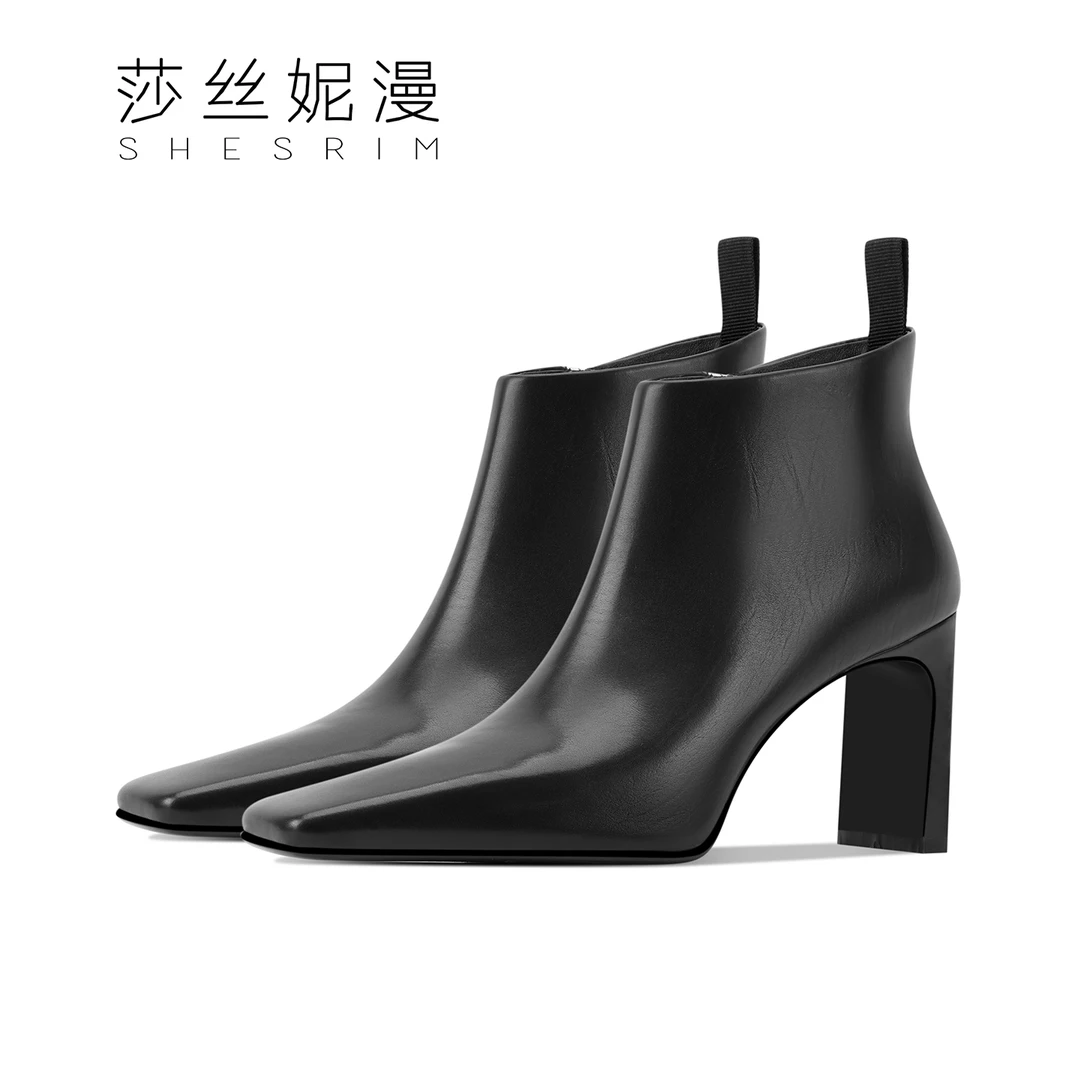 「8CM」秋冬季新款时装女士短靴上新简约高级感加绒短靴方头扁跟黑