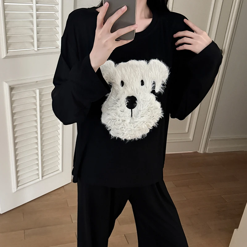 韩系睡衣女2025新款春秋季长袖圆领卡通小狗可外穿黑色家居服套装