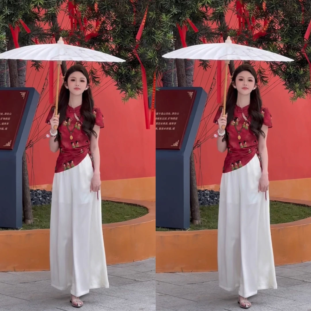 （梦回大唐）2025新款新中式唐风印花气质短袖