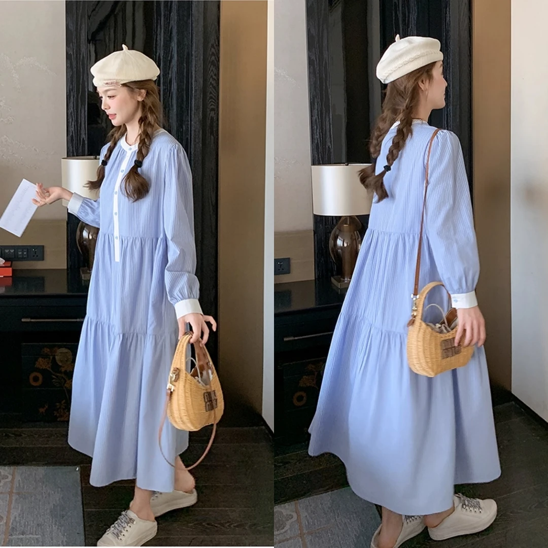 孕妇装秋季长袖连衣裙2025新款高级感韩版条纹休闲孕期长款衬衫裙