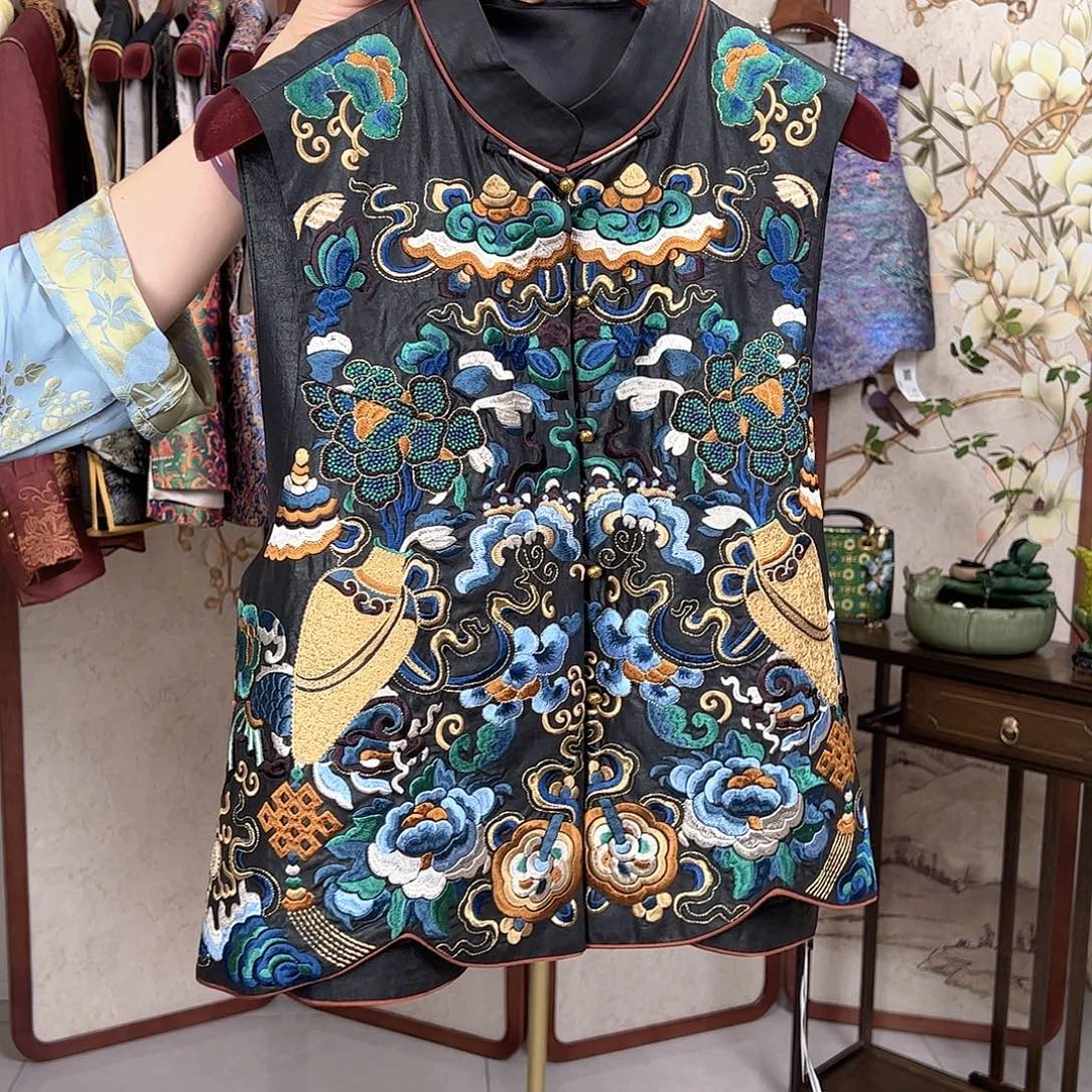 桑蚕丝香云纱满绣马甲L