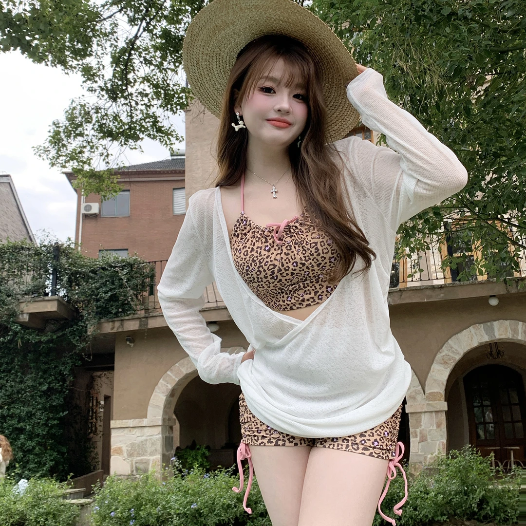 纯欲风性感修身显瘦豹纹分体比基尼女度假温泉罩衫款