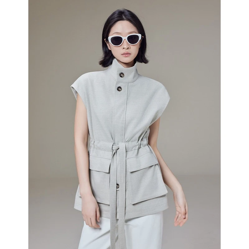 美洋MEIYANG 茶米马甲 简约干练拉链排扣收腰显瘦无袖马夹上衣U