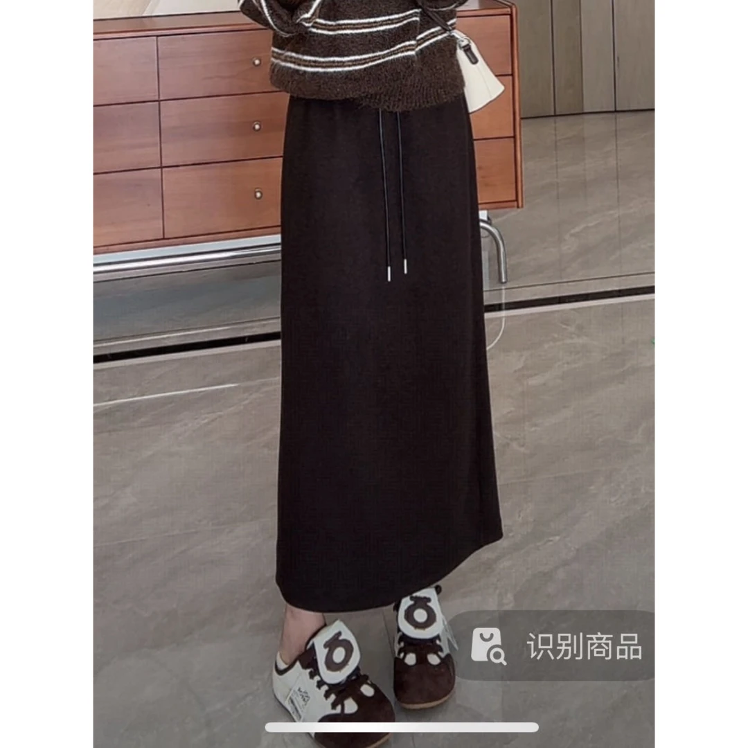 C10011秋冬时尚慵懒风侧边线显瘦中长款抽绳后开叉半身裙