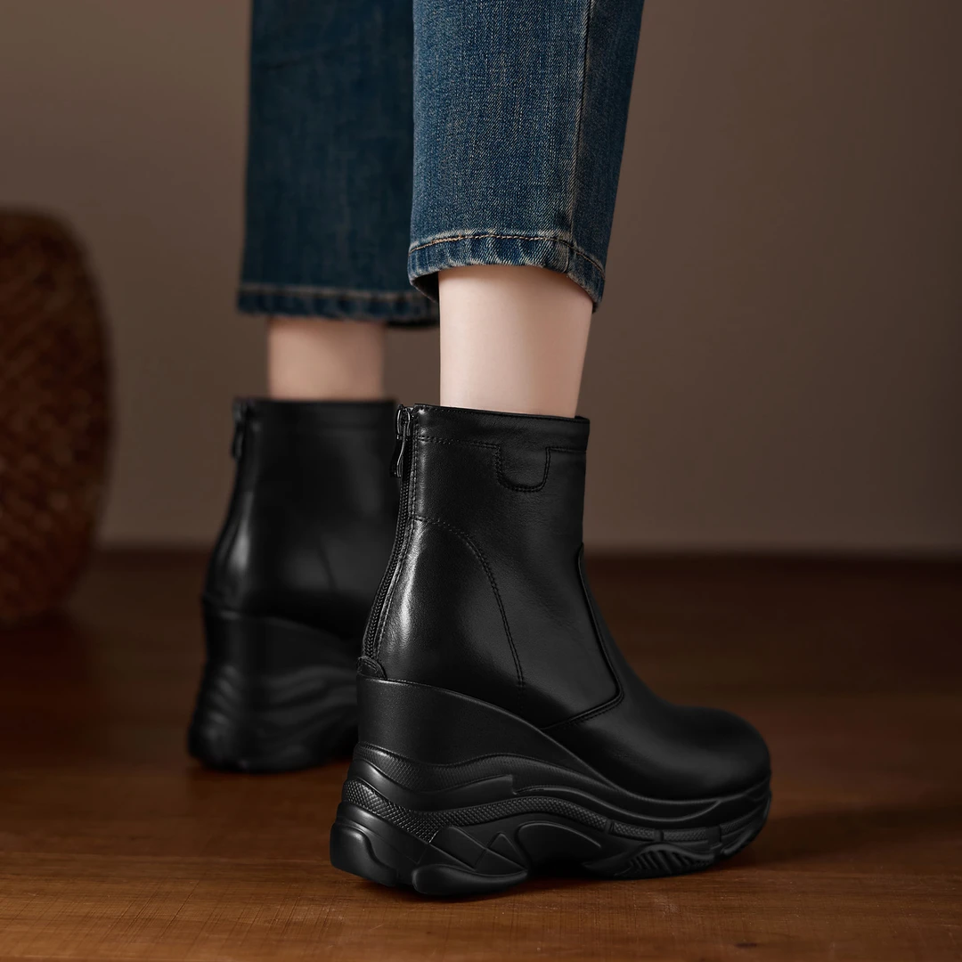 9.5cm小个子防水台高跟短靴真皮厚底坡跟马丁靴真皮后拉链女靴子