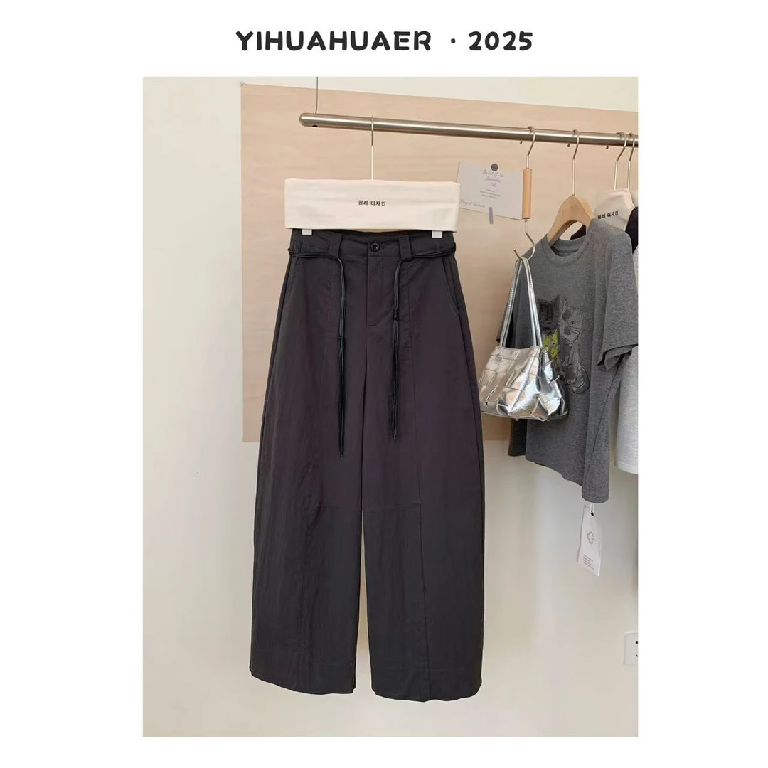 东大门韩国原单夏款时尚洋气设计感高腰显瘦带腰带弯刀长裤3604