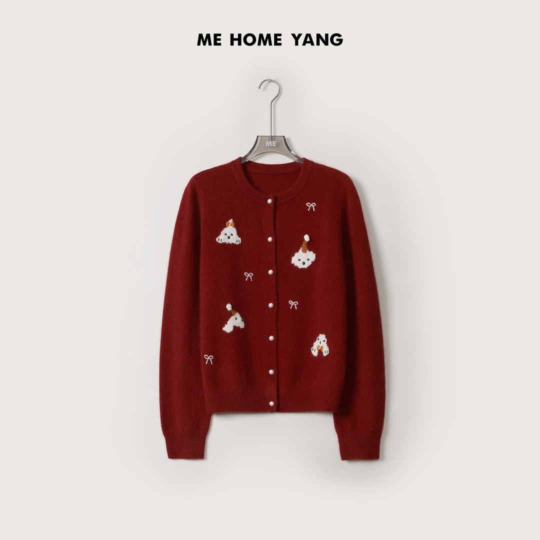 ME【幸运小狗】绵羊毛混纺立体刺绣珍珠扣270G针织保暖毛衣MEQA4585
