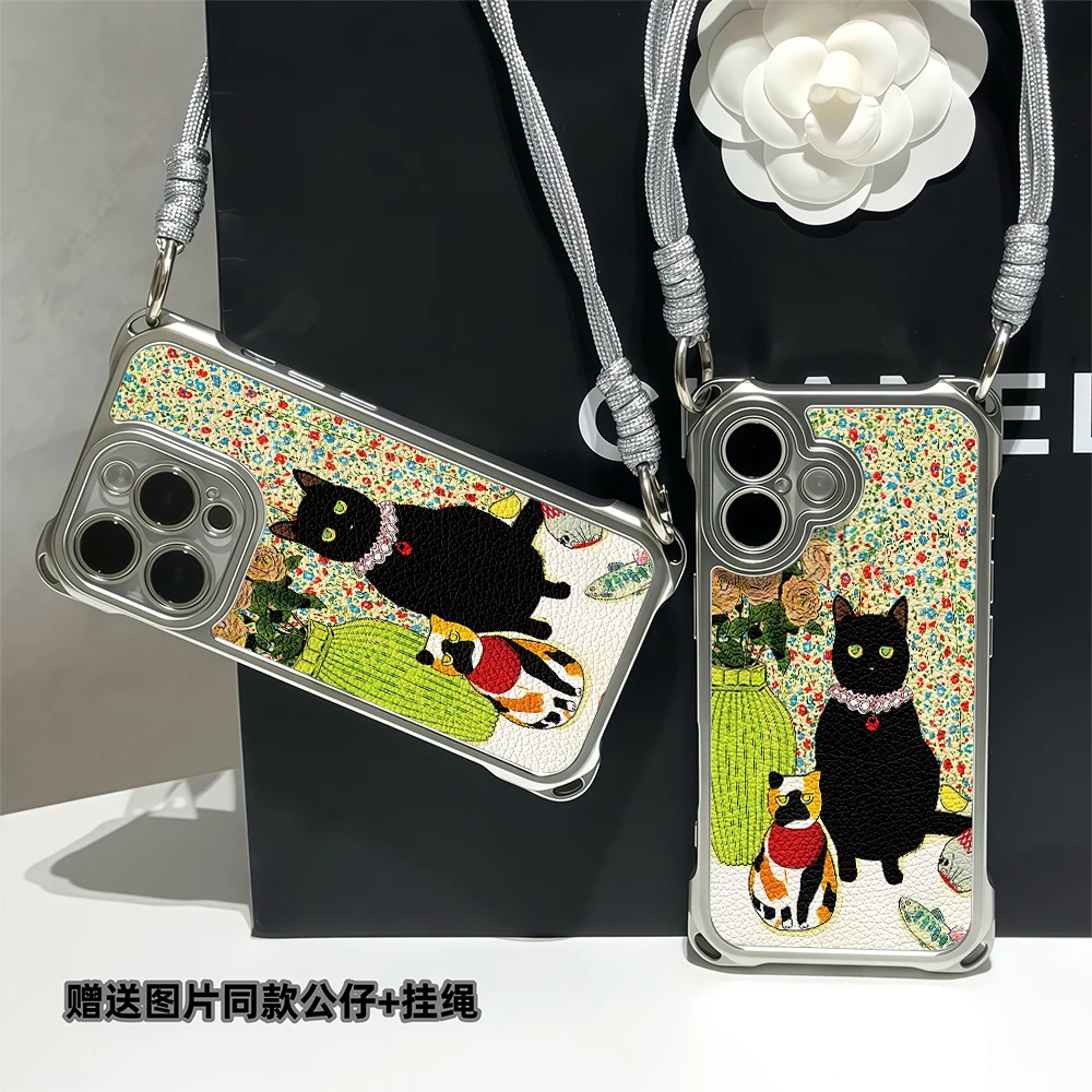 适用于苹果16华为OPPO小米VIVO小众新颖电镀四角挂绳手机壳YA0275