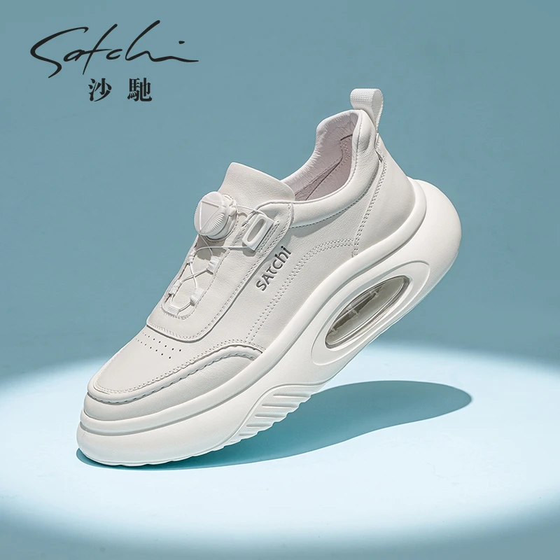 沙驰男鞋2025秋季小白鞋板鞋百搭休闲鞋厚底增高旋转扣皮鞋男