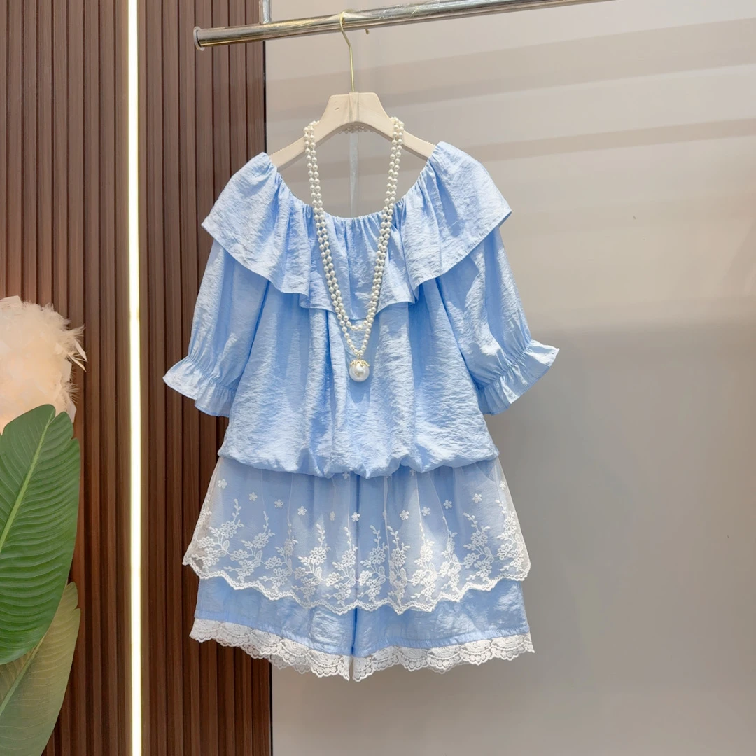 泡泡袖一字领宽松休闲套装蕾丝花边设计显瘦遮肉