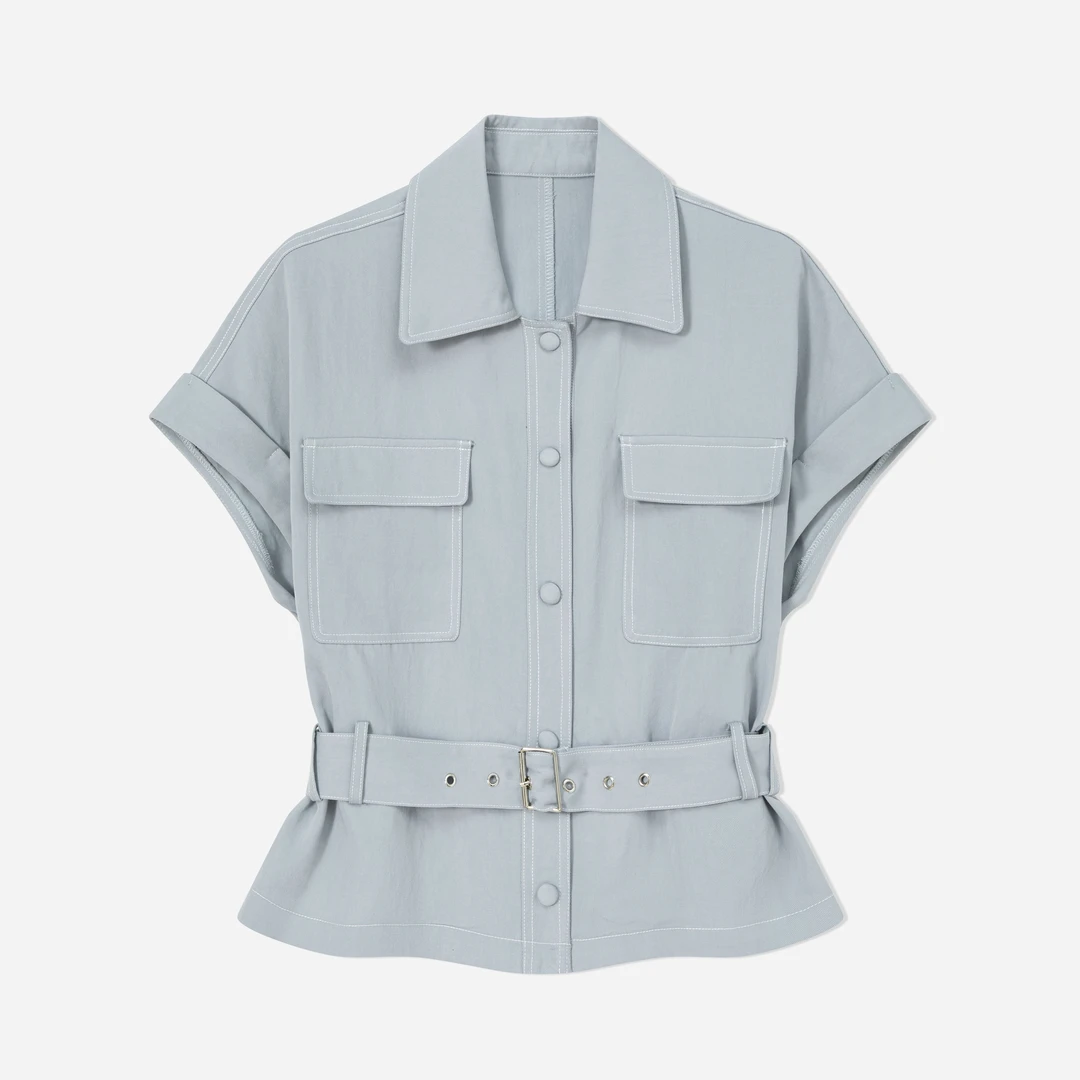 夏季薄款韩系翻领牛仔短袖衬衫洋气百搭2025新款女上衣775