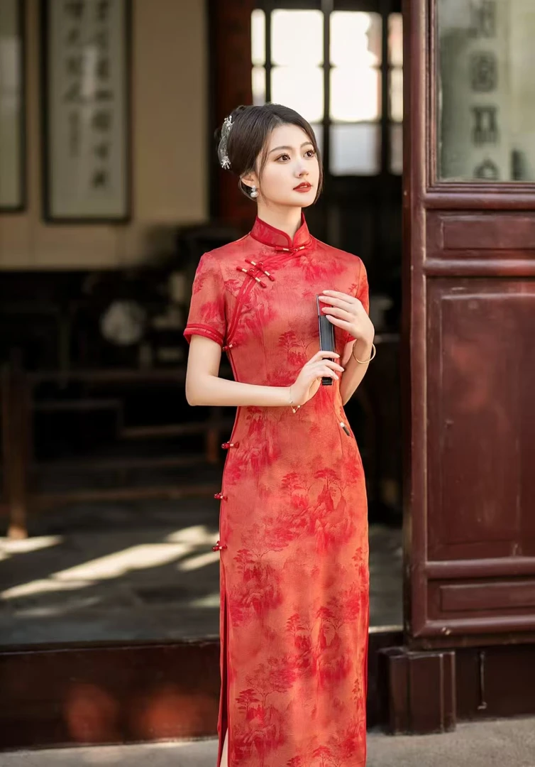 【锦绣山河】中国风夏季复古中长款修身提花优雅旗袍A15