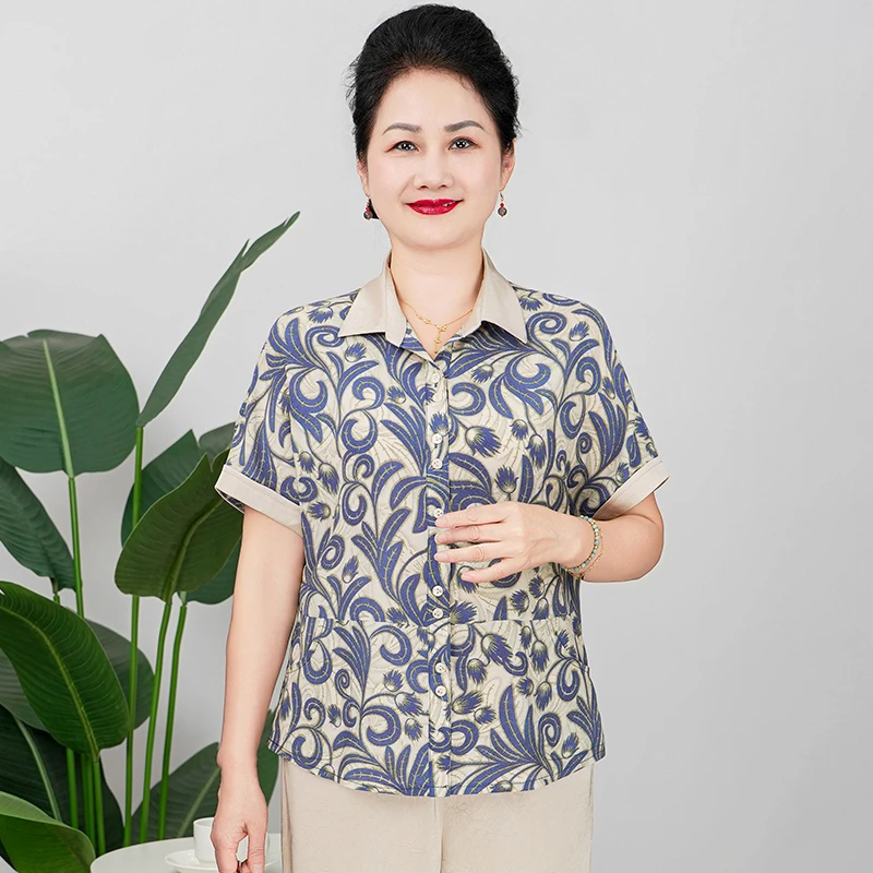 雅鹿夏季翻领气质中老年女装宽松大码短袖衬衫休闲妈妈装B25858B