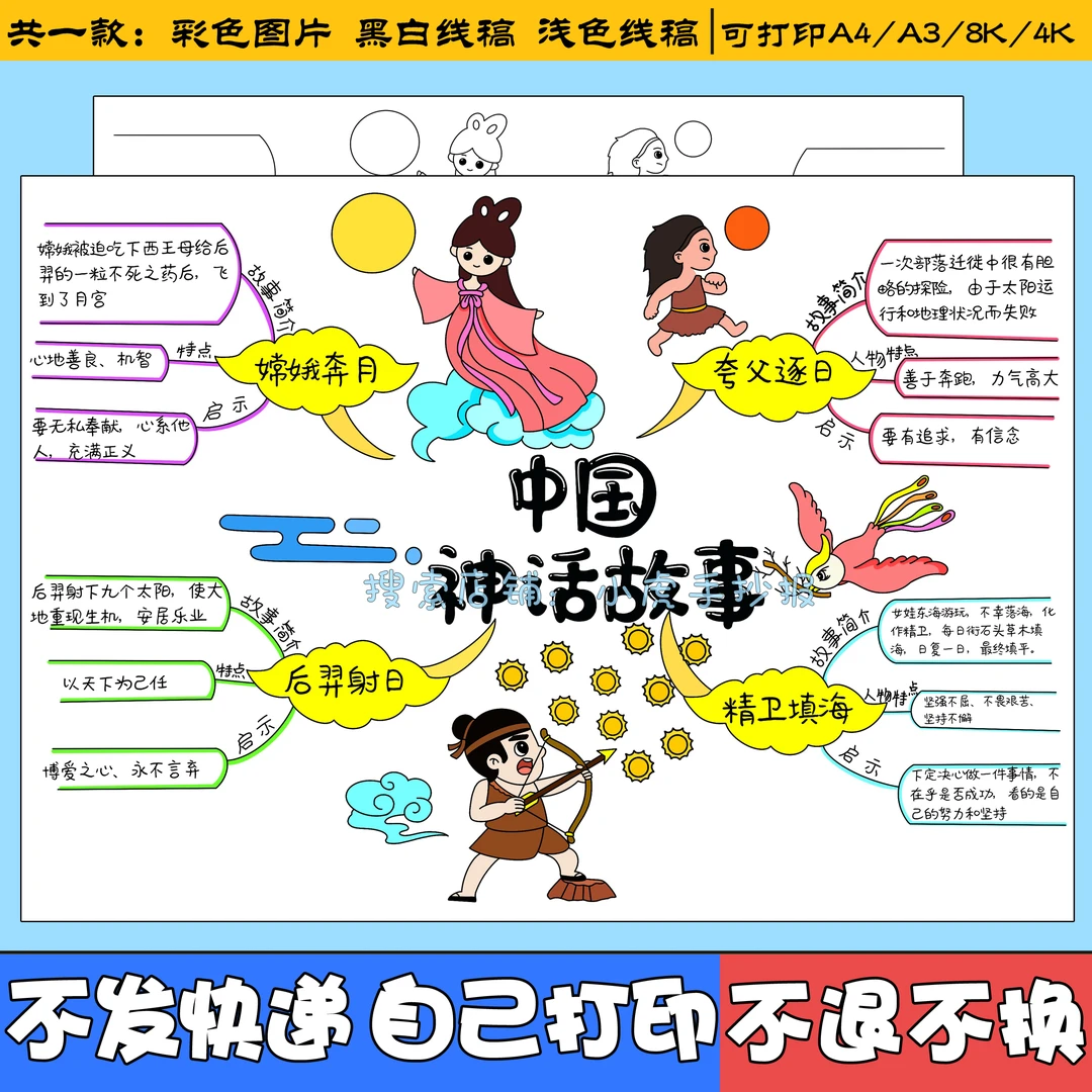 中国神话故事思维导图手抄报电子版模板神话故事小报黑白线稿a3a4