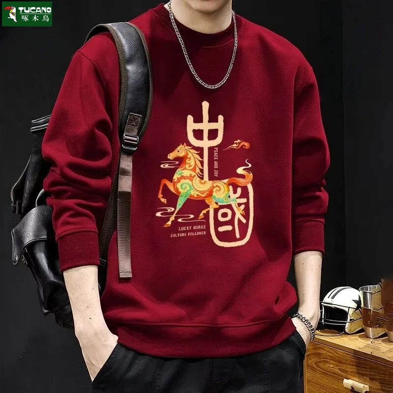 啄木鸟美式潮牌印花圆领卫衣秋冬加绒男士百搭休闲长袖套头上衣