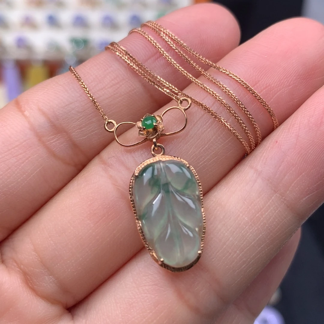 套链18K金镶嵌翡翠叶子锁骨链
