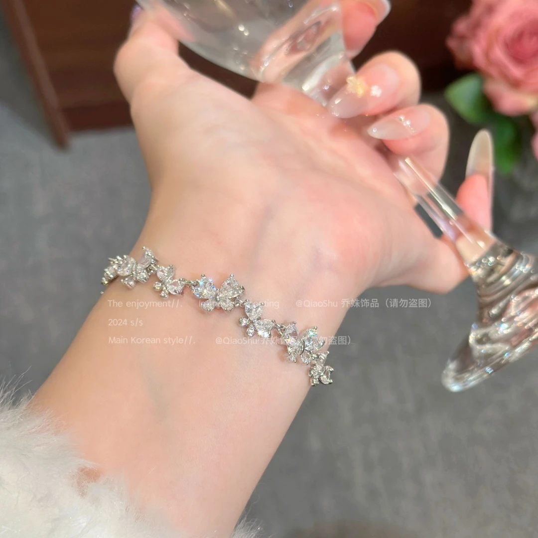 铜合金合成锆石手链 B130爆闪满锆蝴蝶叠戴手链女精致高级轻奢
