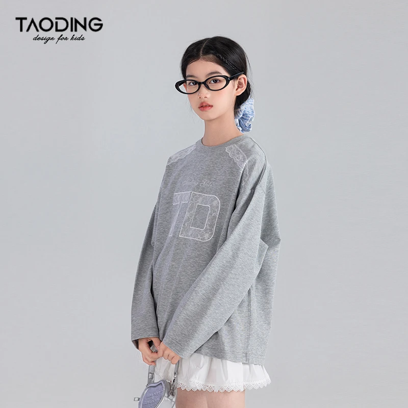 TAODING/淘町中大女童蕾丝拼色长袖T恤春秋季新款宽松休闲打底衫