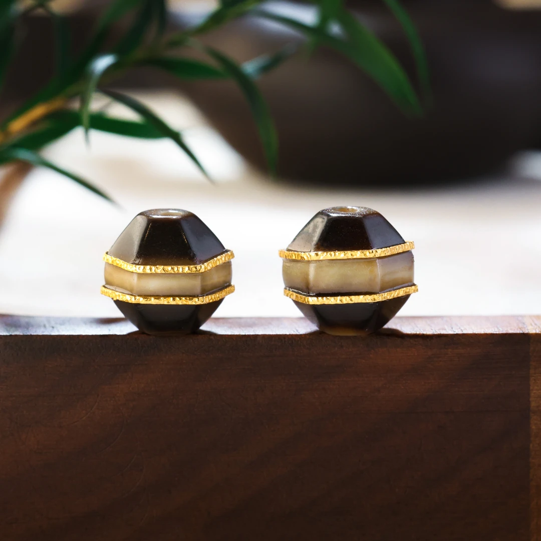 【金豆】18K金镶一线药师六棱珠隔珠双缠线黑金玛瑙天阿珠配饰D