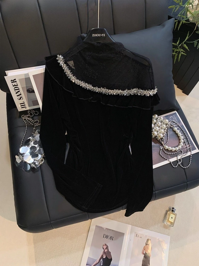 法式轻熟风重工烫钻设计蕾丝拼接长袖T恤2025秋季新款洋气上衣ins