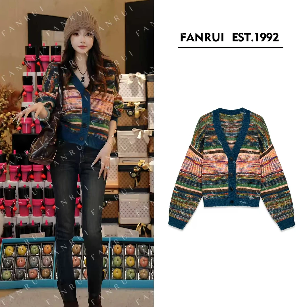 FANRUI/泛芮「贝贝biuu」羊毛混纱条纹时髦高级感减龄开衫女B18614