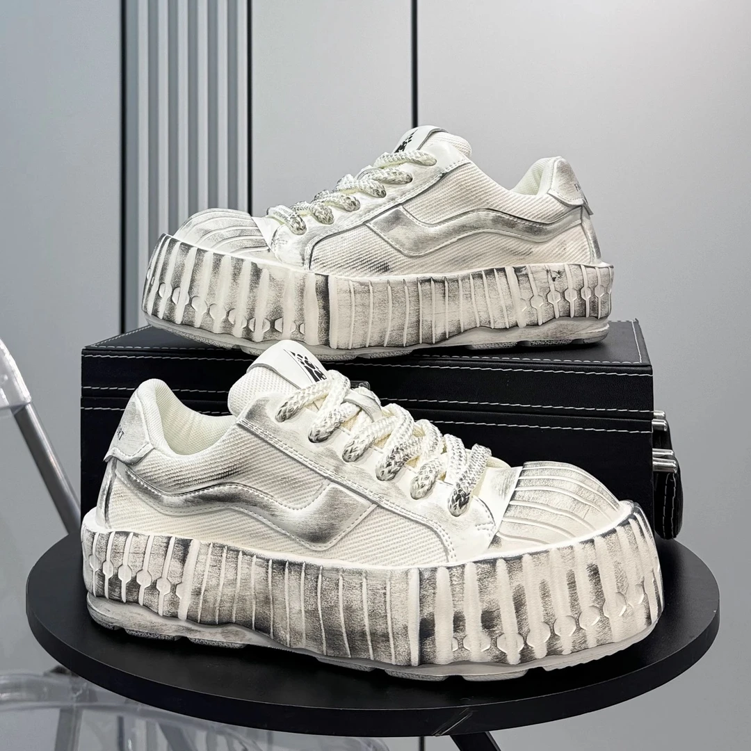 厚底大头鞋男2025新款超火增高板鞋夏季透气帆布鞋做旧脏脏小白鞋