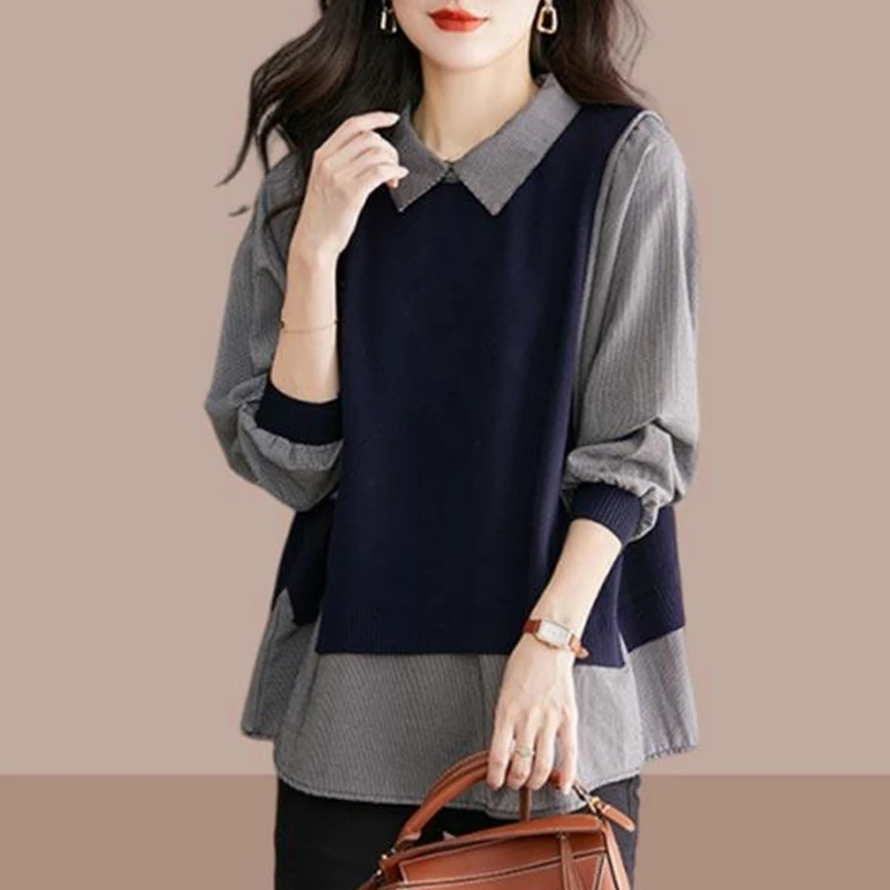 2025春秋新款女士衬衫假两件衬衣高级感小众格子遮肚漂亮小衫上衣